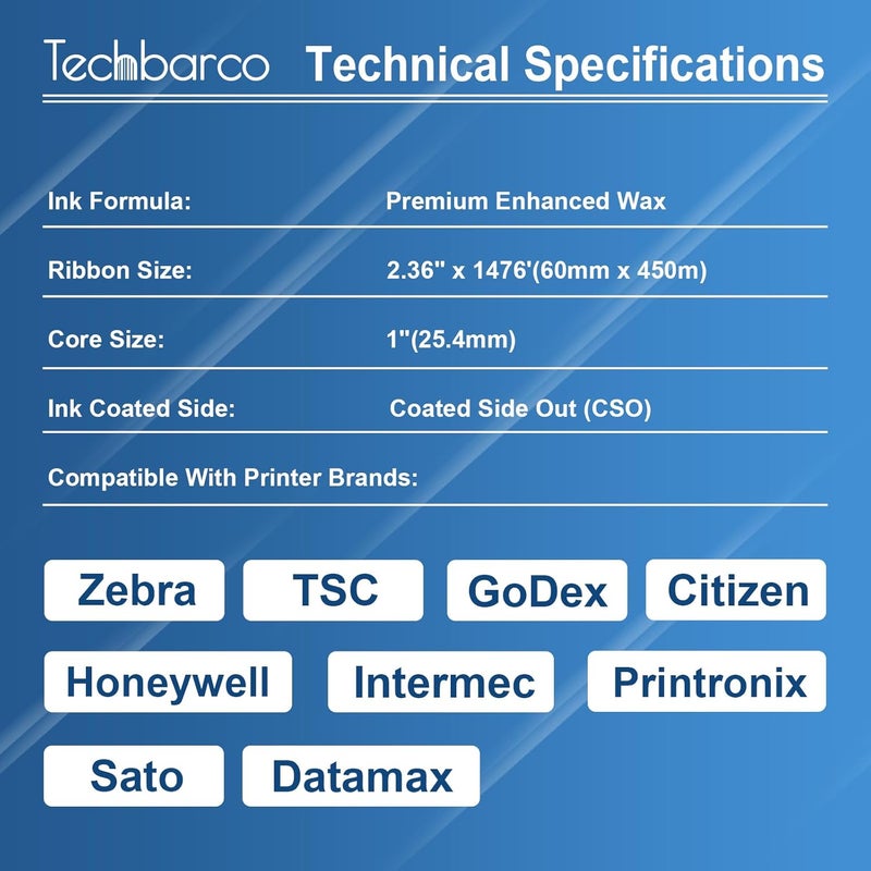 Techbarco Store 6 Rolls 2.36" x 1476' Premium Enhanced Wax Thermal Transfer Ribbon, 60mm x 450m Black Industrial Barcode Label Printer Ribbon - Compatible with Zebra, TSC, GoDex, Citizen, 1" Core - Image 3